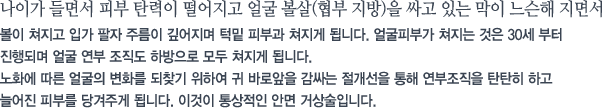 나이가 들면서 피부 탄력이 떨어지고 얼굴 볼살(협부 지방)을 싸고 있는 막이 느슨해 지면서 볼이 쳐지고 입가 팔자 주름이 깊어지며 턱밑 피부과 쳐지게 됩니다. 얼굴피부가 쳐지는 것은 30세부터 진행되며 얼굴 연부 조직도 하방으로 모두 쳐지게 됩니다. 노화에 따른 얼굴의 변화를 되찾기 위하여 귀 바로앞을 감싸는 절개선을 통해 연부조직을 탄찬히 하고 늘어진 피부를 당겨주게 됩니다. 이것이 통상적인 안면 거상술입니다.